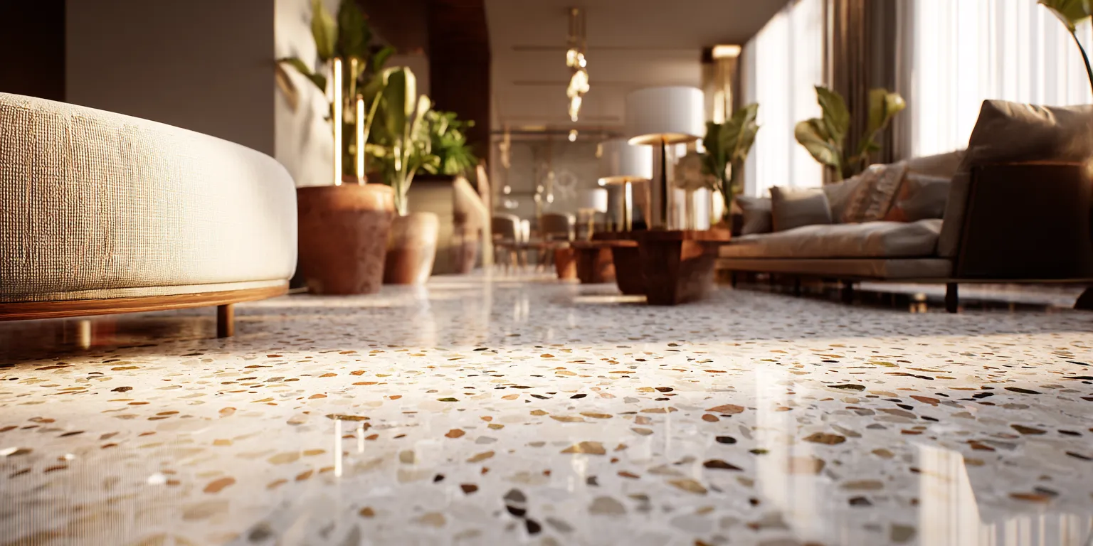 hall de hotel con terrazo color crema