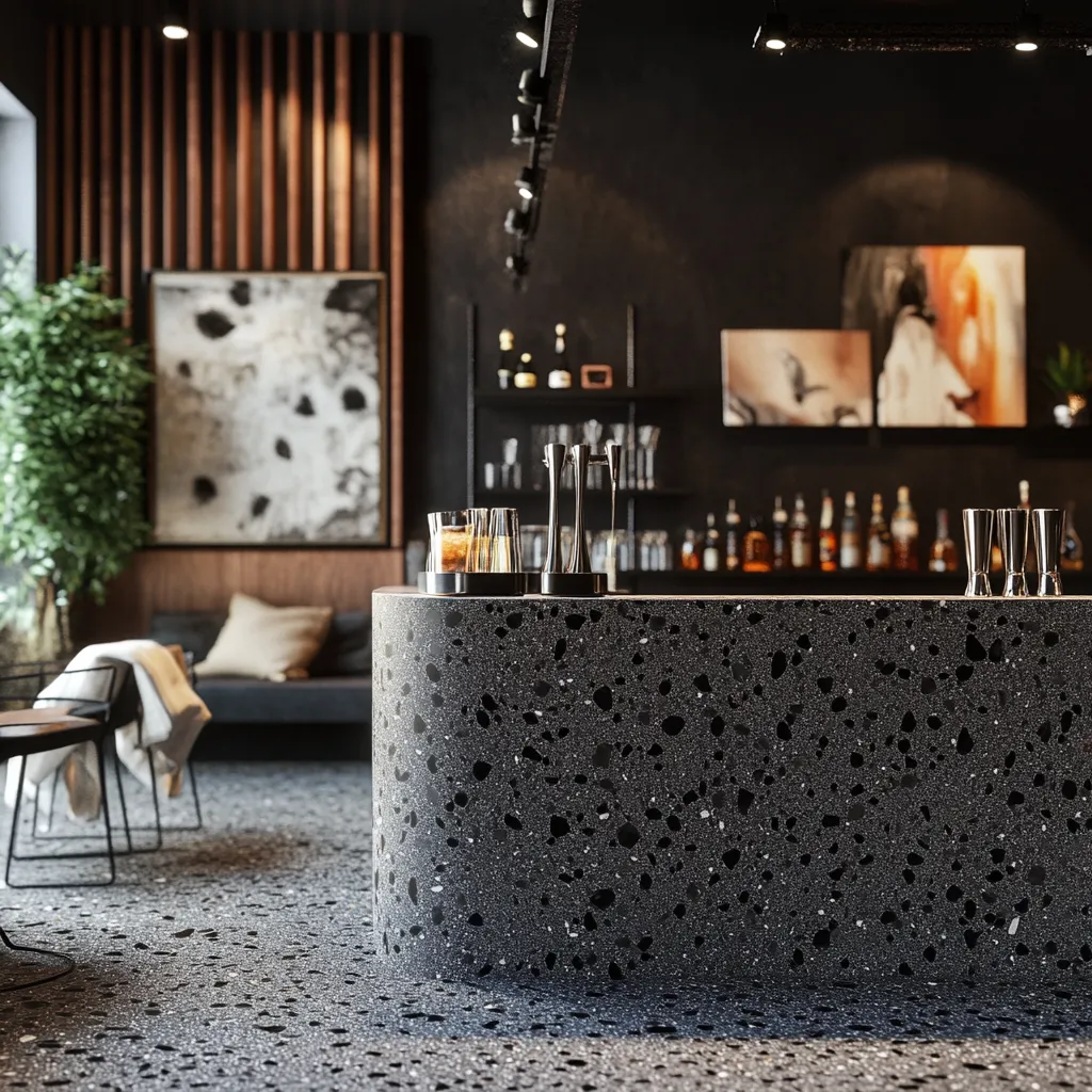 Barra de hotel revestida en terrazzo negro de árido grueso