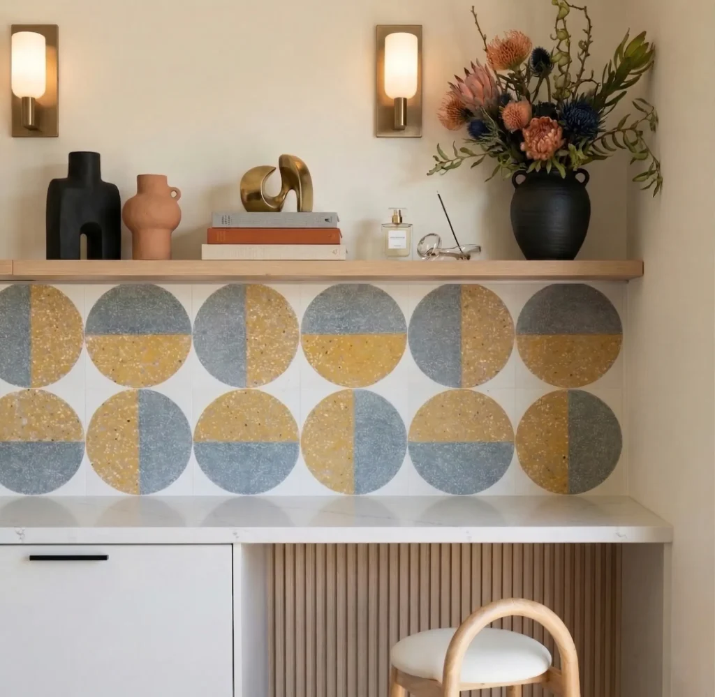 Kitchen floor laid with pale terrazzo tiles, joints aligned piece by piece