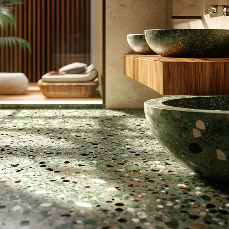 Baño revestido con terrazzo verde