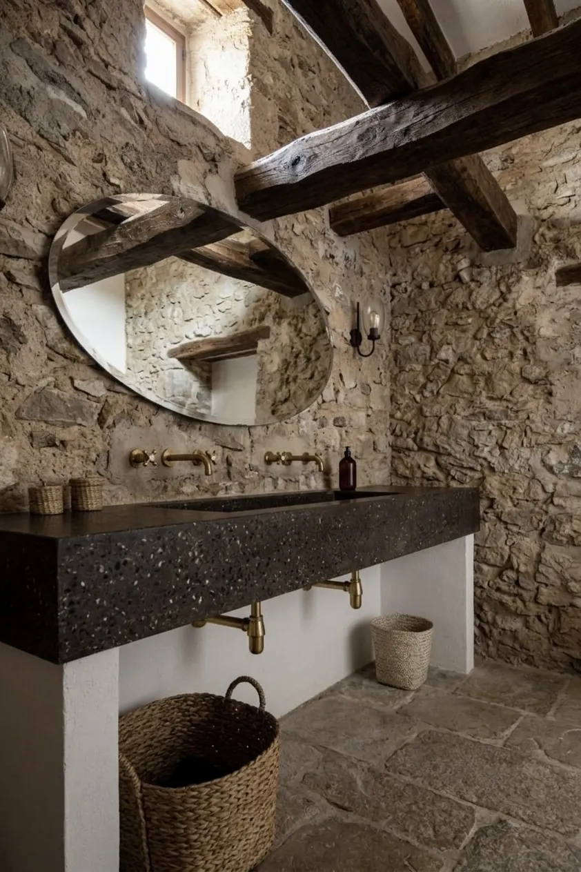 Terrazo negro en baño rústico de piedra