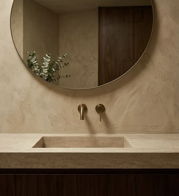 Travertino beige con espejo redondo