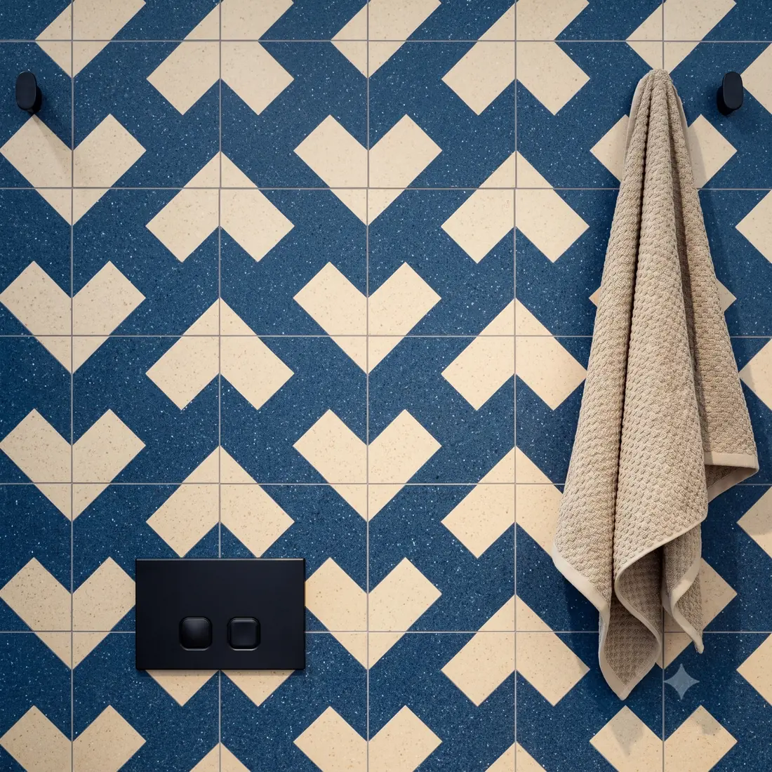 suelo de baldosa hidráulica efecto terrazzo Concrete Diamond en tono azul en un baño