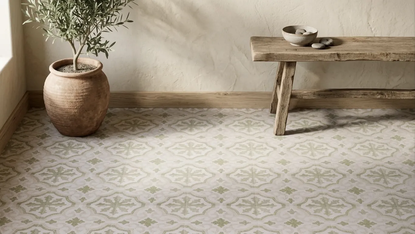 suelo de baldosa hidráulica Mosaics Torra con acabado Concrete Diamond en tono verde, ambiente mediterráneo con olivo y banco de madera
