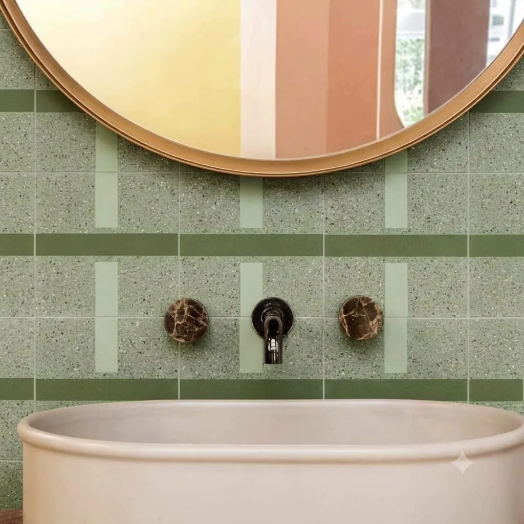 baño con baldosa hidráulica terrazzo Concrete Diamond verde y lavabo