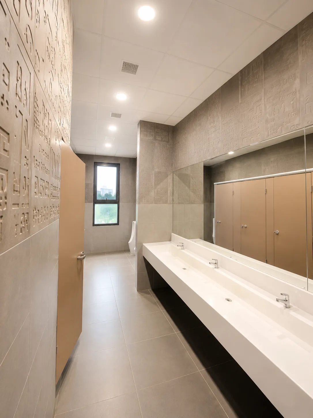 Vasque longue en béton blanc sur mesure dans des sanitaires publics