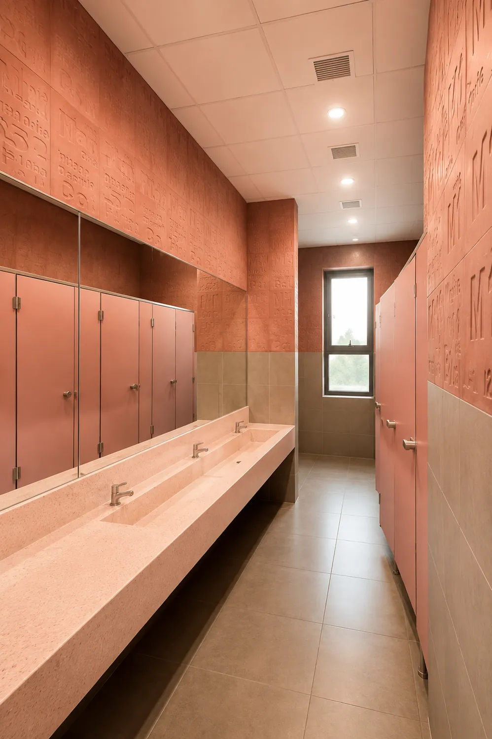 Vasque longue en terrazzo rose sur mesure dans des sanitaires publics