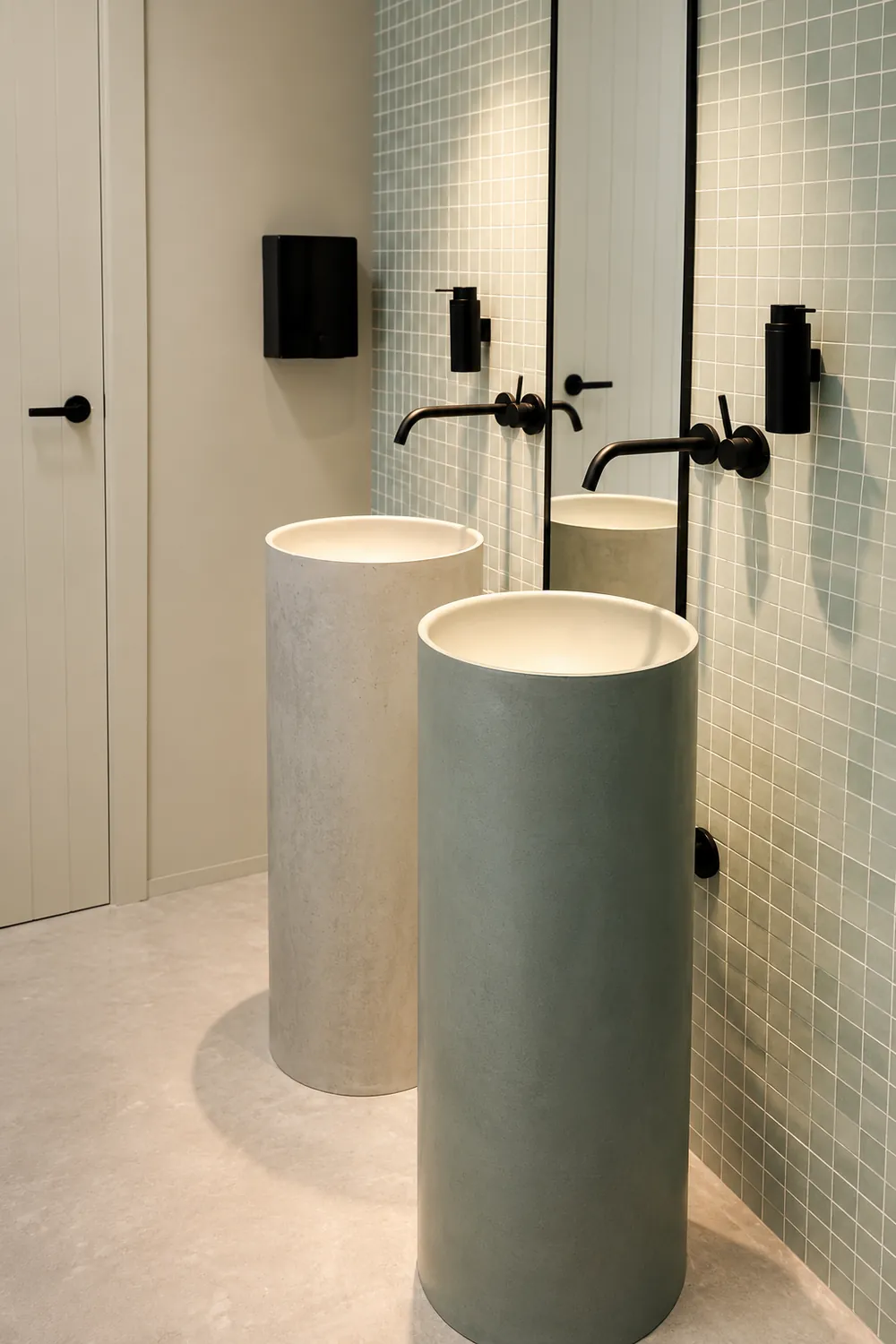 Vasques sur pied cylindriques en béton ciré sur mesure