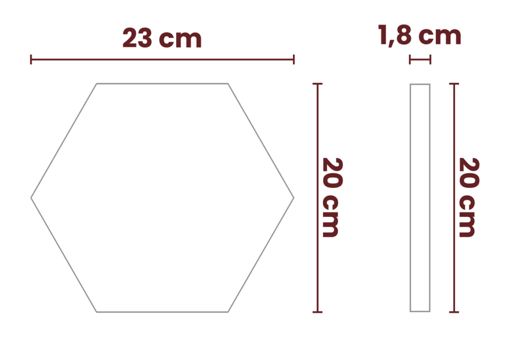Esquema de medidas de la baldosa hidráulica hexagonal: 23 cm entre vértices, 20 cm entre lados y 1,8 cm de grosor