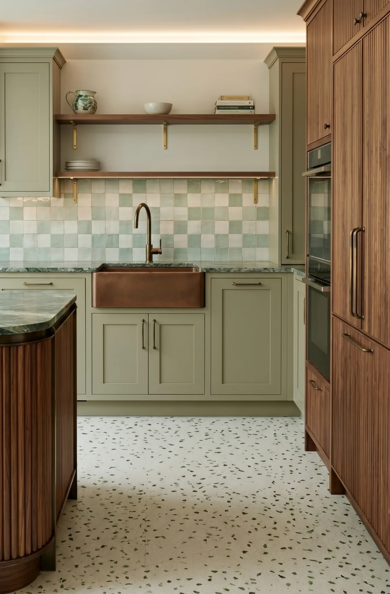 Cocina con suelo de terrazzo claro de árido verde
